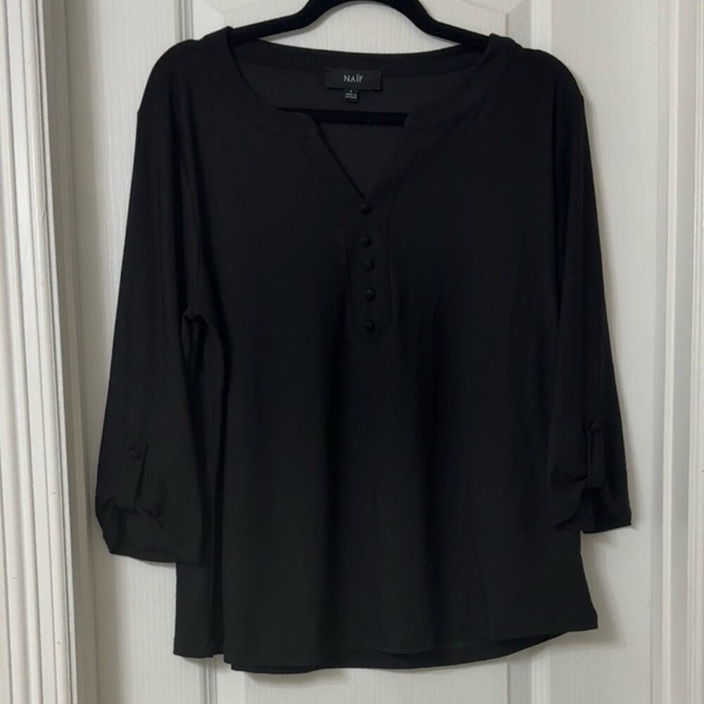 NAIF black blouse V-neck button three quarter length sleeves roll up tabs Size L